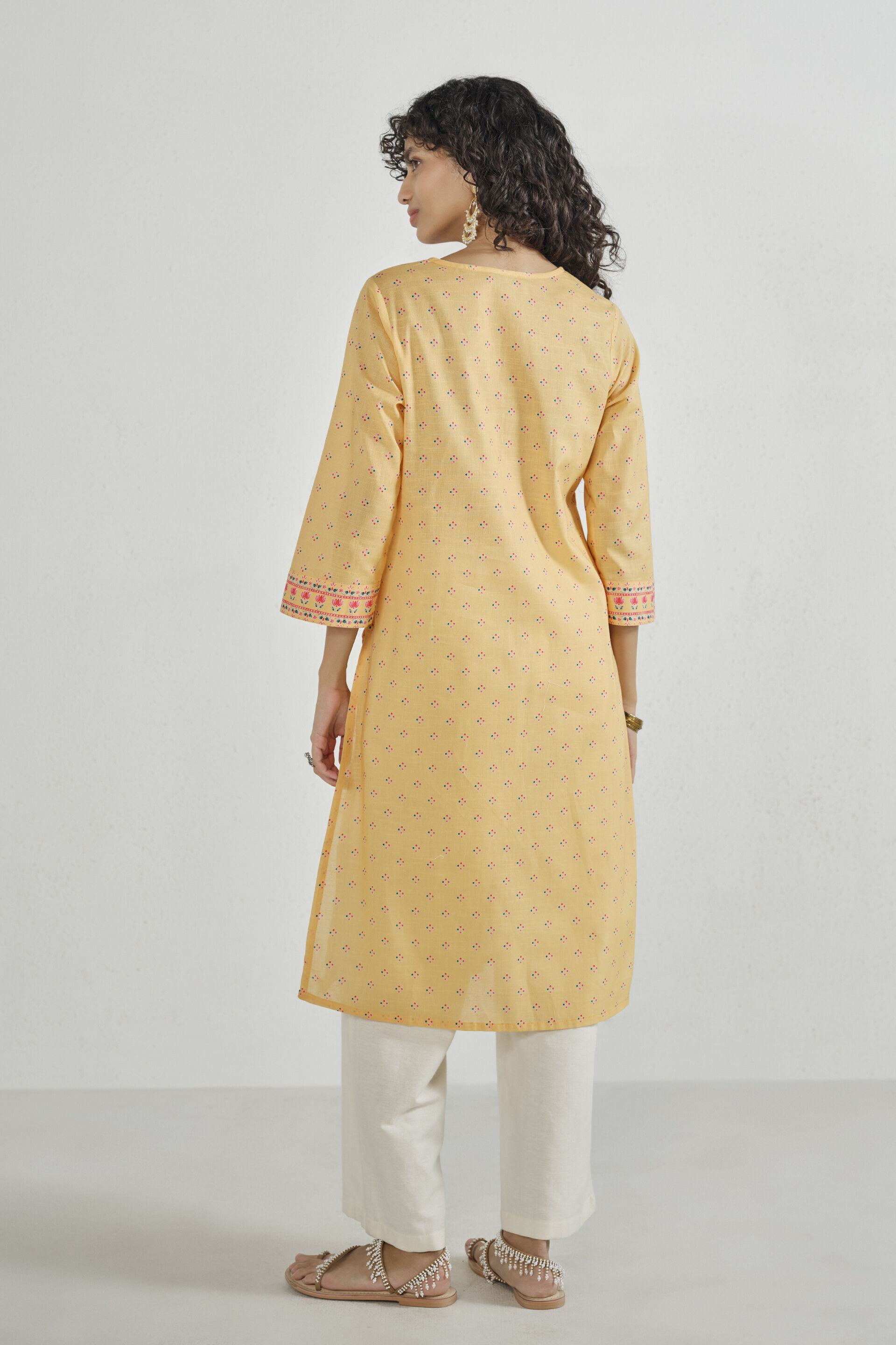 Butter Yellow Printed Cotton Kurta, Yellow, image 6